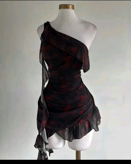 Vintage One Shoulder Chiffon Printed Floral Ruffles Sheath Cocktail Dress Short Graduation Homecoming Dress Y9503