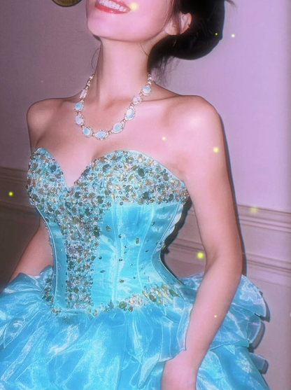 Classy Sweetheart Neck Blue Tulle Layered Beaded Long Birthday Prom Dress Evening Gown SP723