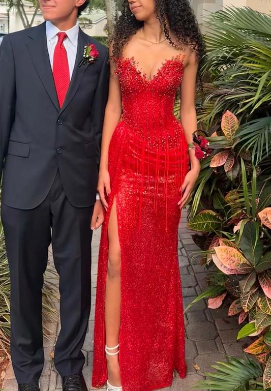 Sparkly Red Sequin Beaded Mermaid Long Party Dress Sweetheart Neck Slit Prom Dress SP4203