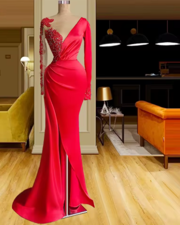 Long Red Satin Evening Dresses, Sheer Neckline Long Sleeve Beaded Afri Simplepromdress Long Red Satin Evening Dresses, Sheer Neckline Long Sleeve Beaded Afri Simplepromdress