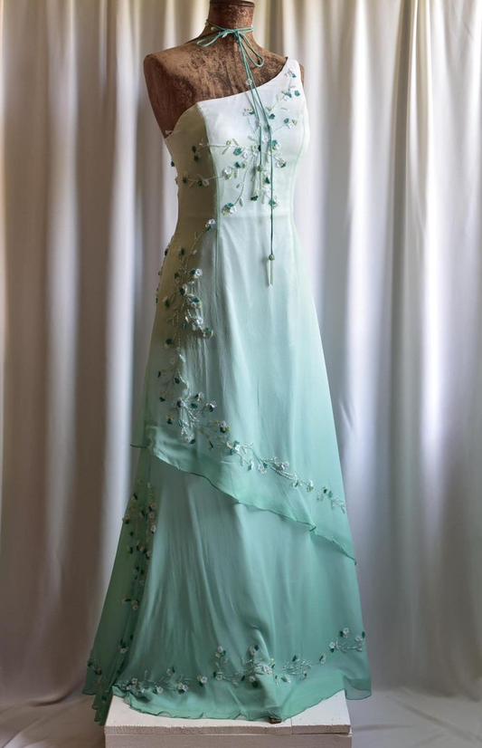 Chic One Shoulder Ombre Green Chiffon Beaded Mermaid Prom Dress Party Dress SP683