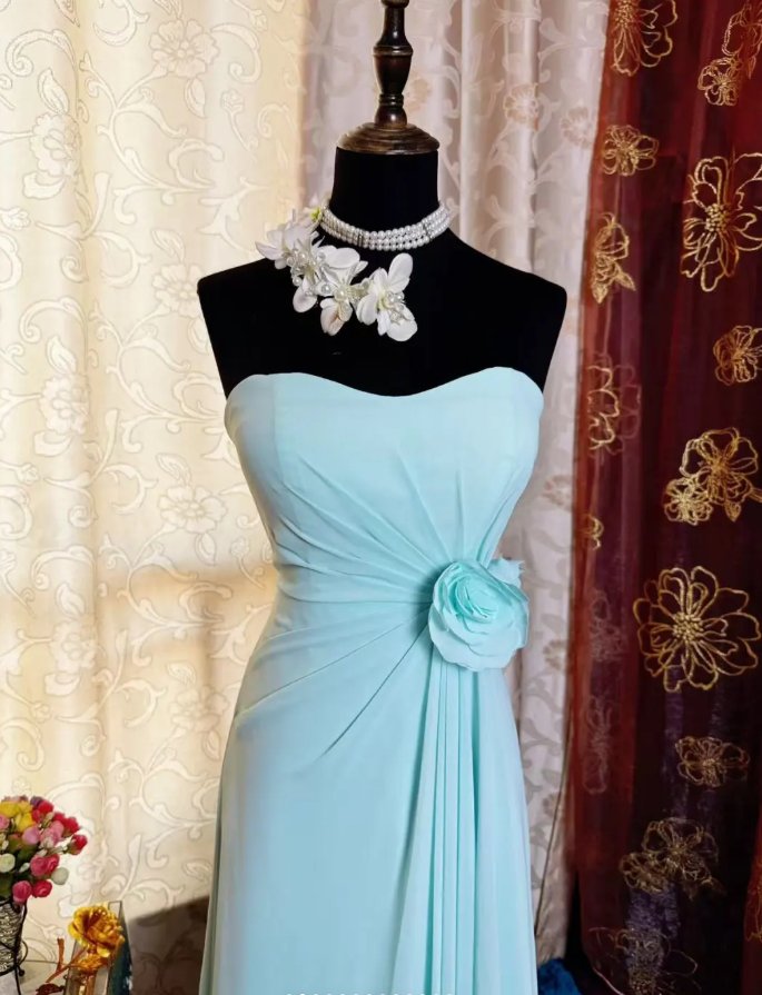 Classy Blue Strapless Chiffon Long Party Dress Birthday Dress With Floral SP1952