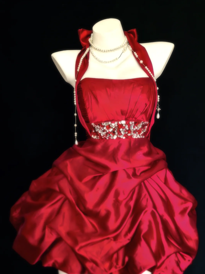 Cute Red Satin Pleated Beaded Short Homecoming Dress Birthday Outfits SP1625