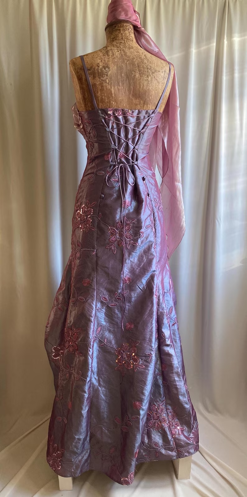 Retro Spaghetti Straps Purple Satin Organza Pleated Layered Mermaid Prom Dress Long Party Dress SP1366