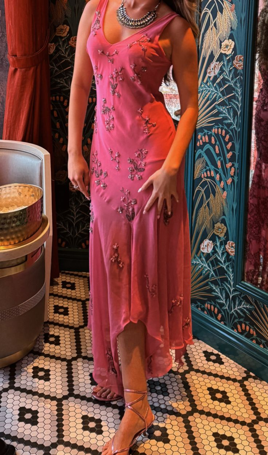 Elegant V Neck Sleeveless Pink Chiffon Beaded Mermaid Long Party Dress Prom Dress SP2281