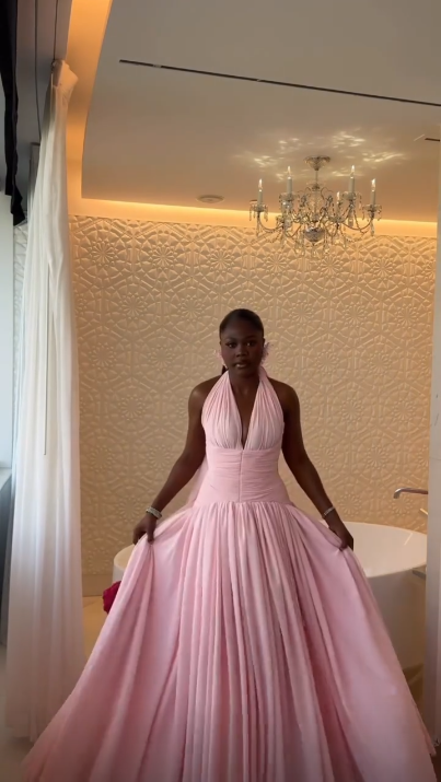 Sexy Halter V Neck Chiffon A Line Party Dress Pink Long Birthday Dress SP4281
