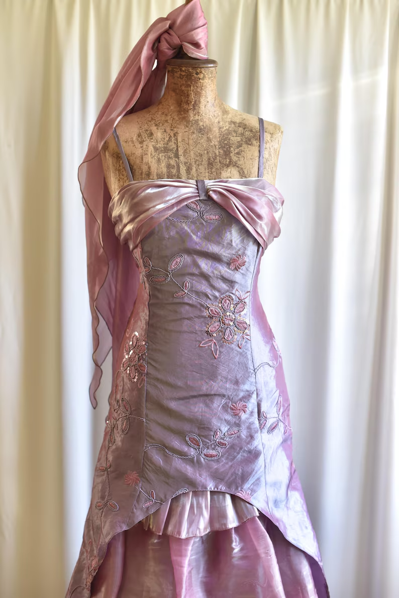 Retro Spaghetti Straps Purple Satin Organza Pleated Layered Mermaid Prom Dress Long Party Dress SP1366