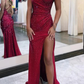 Sparkly Dark Red Sheath Long Prom Dress with Slit Y6682