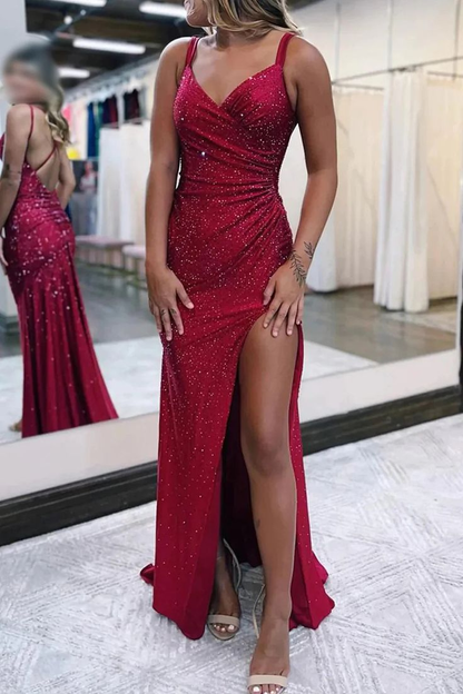 Sparkly Dark Red Sheath Long Prom Dress with Slit Y6682 Simplepromdress Sparkly Dark Red Sheath Long Prom Dress with Slit Y6682 Simplepromdress