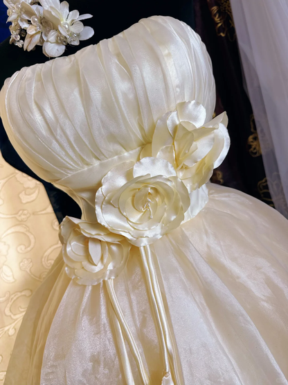 Sweet Light Champagne Strapless Organza 3D Floral A Line Short 17th Birthday Outfits Homecoming Dress SP2193