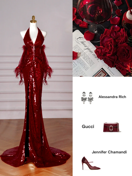 Sexy Burgundy Sequins Halter V Neck Evening Dress,Backless Mermaid Evening Dress Y8628