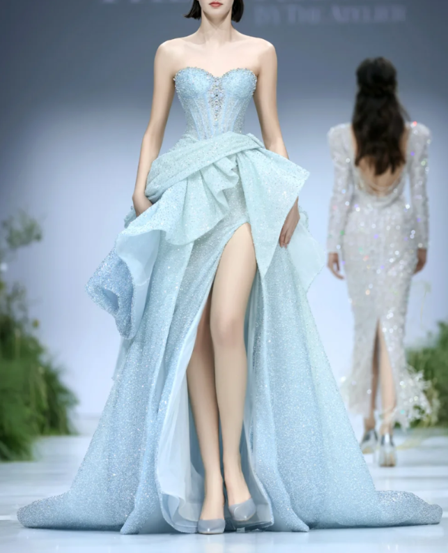 Glitter Blue Satin Sequin Beaded Mermaid Long Birthday Party Dress Prom Dresses SP1400