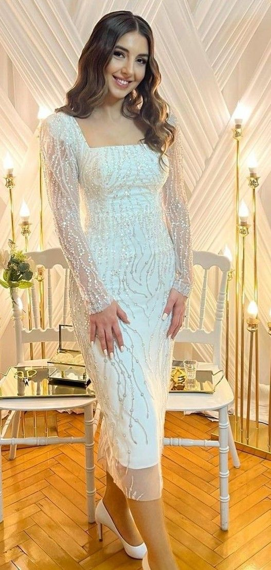 White Sequin Formal Prom Dress Long Sleeve,White Engagement Dress Y658 – Simplepromdress