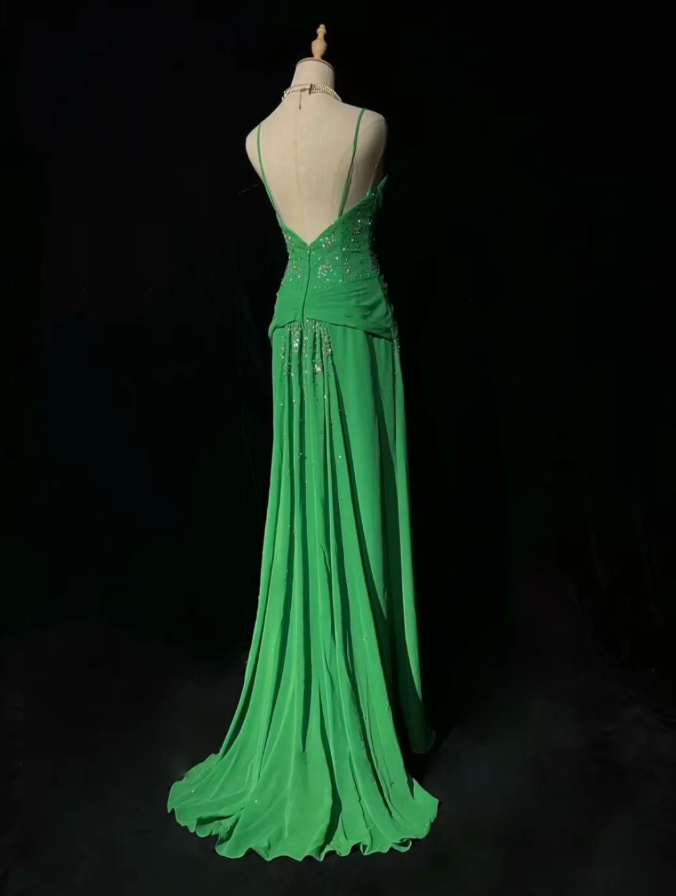 Stylish Green Satin Pleated Beaded Mermaid Long wedding Guest Dress Formal Evening Dress SP1387