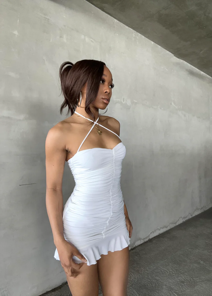 White Bodycon Dress With Ruched,White Mini Homecoming Dress,Y2443
