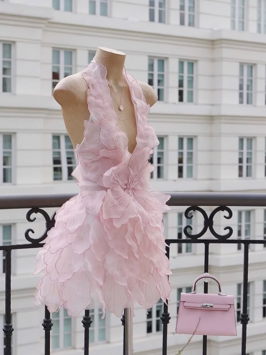 Pretty Halter V Neck Pink Petals Layered Short Homecoming Dress Birthday Outfits SP2391