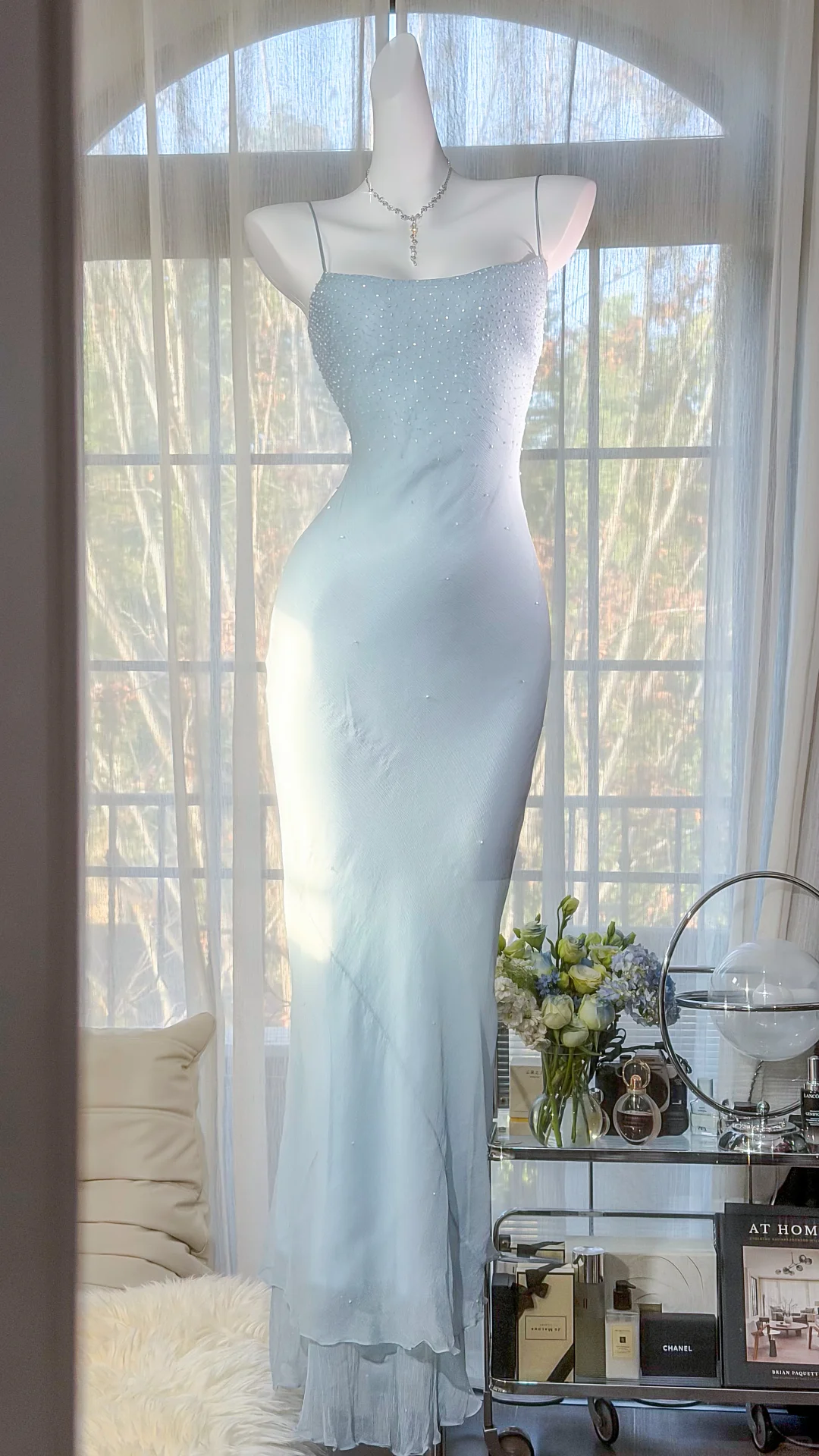 Classy Light Blue Chiffon Beaded Mermaid Long Evening Dress Formal Wedding Guest Dress SP2186