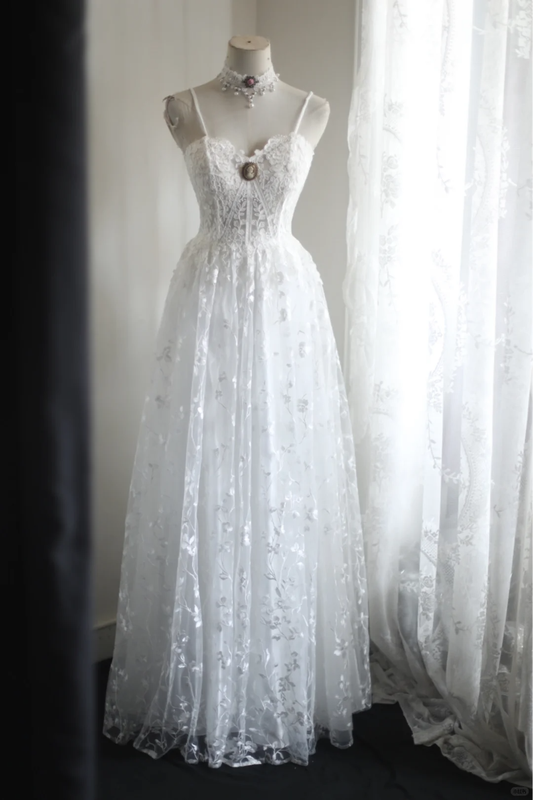 Pretty Spaghetti Straps White Lace A Line Formal Wedding Dress Y9032