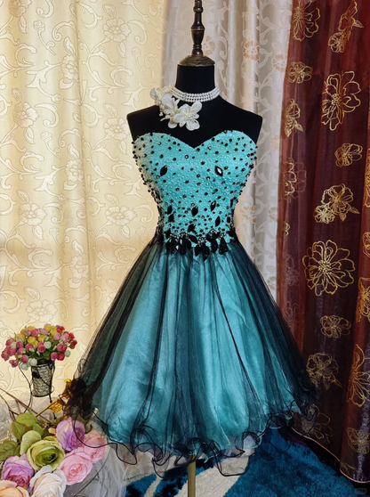 Vintage Viridian Tulle Satin Beaded Mini Cocktail Dress Strapless A Line Short 8th Grade Homecoming Dress SP2383