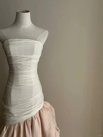 Elegant White Pink Long Satin Tulle Mermaid Long Wedding Dress SP405