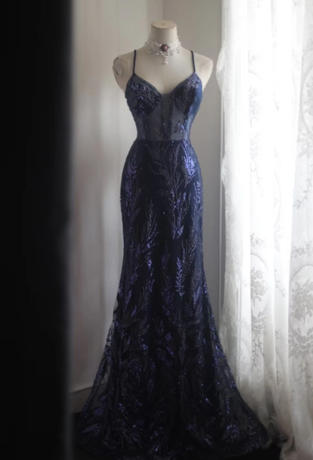 Gorgeous Spaghetti Straps Navy Blue Sequin Tulle Mermaid Long Evening Dress Prom Gown SP1236