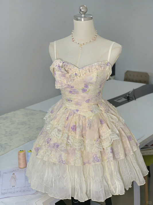 Cute Spaghetti Straps Lace Print Floral Short Formal Birthday Outfits Homecoming Dress Y9405