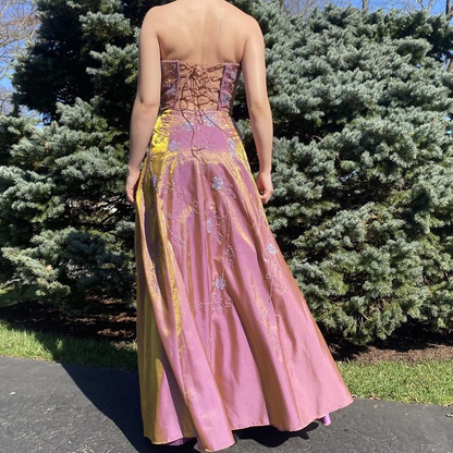 Charming Pink Strapless Satin Sequin Beaded A Line Long Evening Dress Birthday Party Gown SP2129