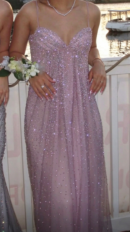 Elegant Spaghetti Straps Pink Tulle Sequin A Line Long Party Dress Prom Gowns SP4271