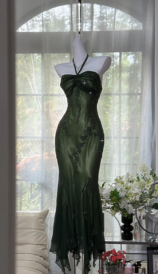 Vintage Emerald Green Halter Chiffon Beaded Mermaid Long evening Dress Birthday Dress SP1670