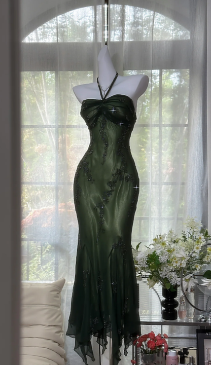 Vintage Emerald Green Halter Chiffon Beaded Mermaid Long evening Dress Birthday Dress SP1670