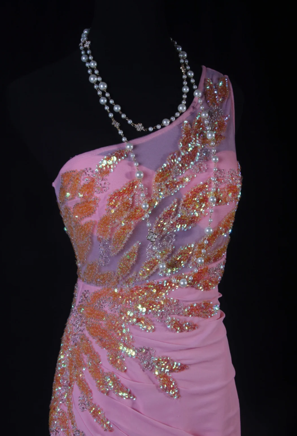 Elegant Pink One Shoulder Chiffon Sequin Beaded Mermaid Evening Dress Slit Long Birthday Prom Dress SP1692