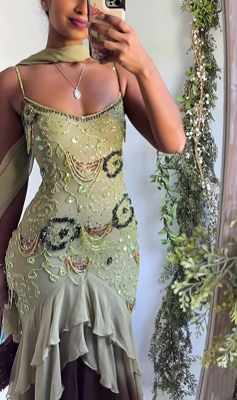 Classy Spaghetti Straps Sage Green Chiffon Beaded Mermaid Long Party Dress Birthday Outfits SP902