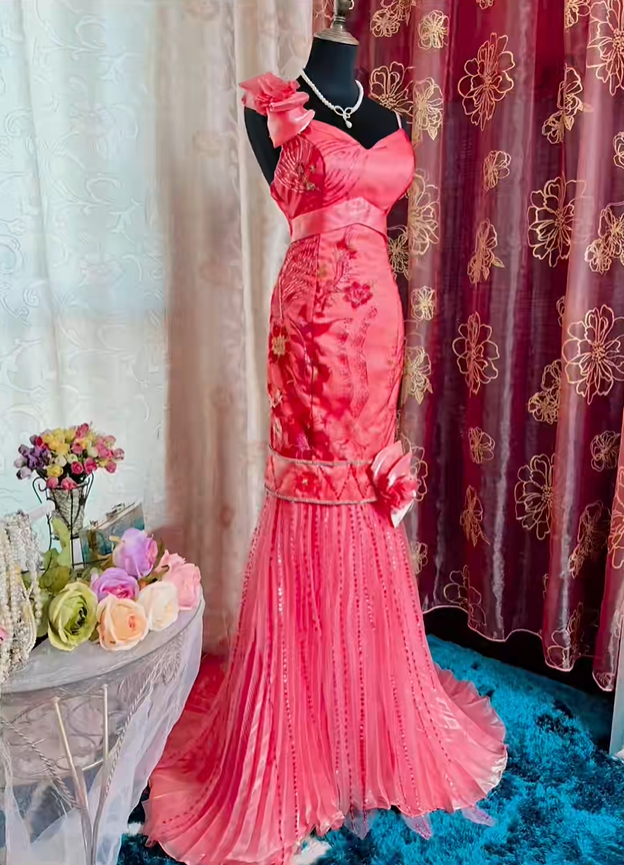 Vintage Spaghetti Straps Satin Embroidery Beaded Mermaid Evening Dress Pink Long Prom Gown SP2375