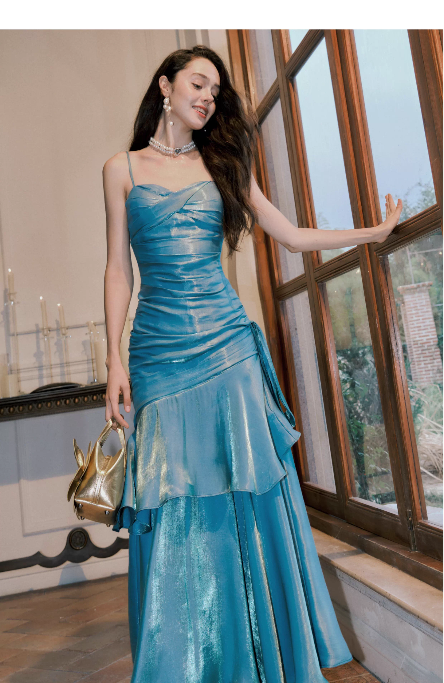 Elegant Spaghetti Straps Blue Satin Pleated Ruffles Layered Mermaid Long Party Dress 19th Birthday Outfits SP1978