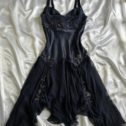 Vintage Navy Blue Satin Chiffon Beaded Graduation Homecoming Dress Mini Cocktail Dress Y9737