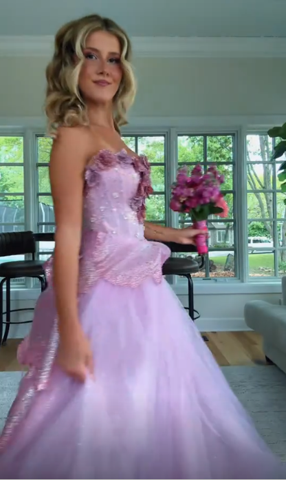 Glamorous Sweetheart Neck Tulle Sequin 3D Floral Long Party Dress,Pink Long Birthday Prom Dress SP3372