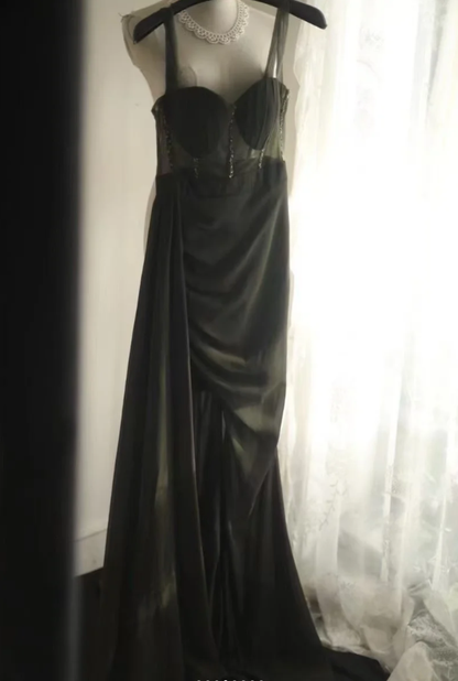 Vintage Green Satin Beaded Slit Mermaid Long Wedding Guest Dress Evening Dress SP1237