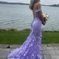 Pretty Off the Shoulder Mermaid Lilac Lace Floral Long Prom Dresses, High Slit Graduation Evening Dresses Y7848
