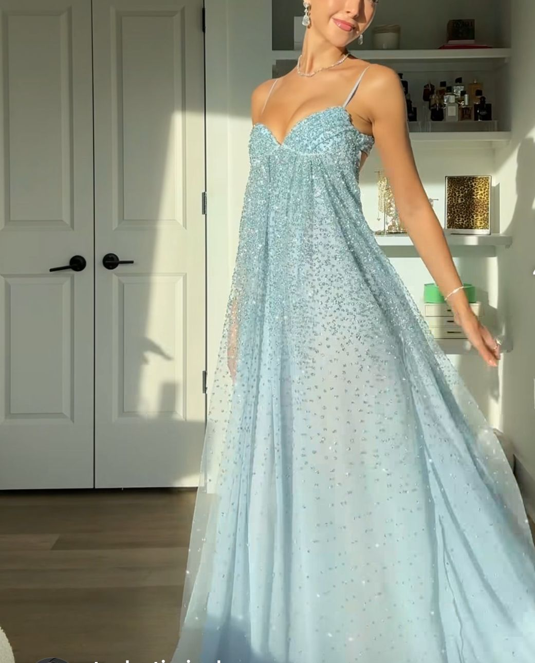 Shiny Spaghetti Straps Light Blue Tulle Sequin Long Wedding Guest Dress Formal Birthday Party Dress SP1403
