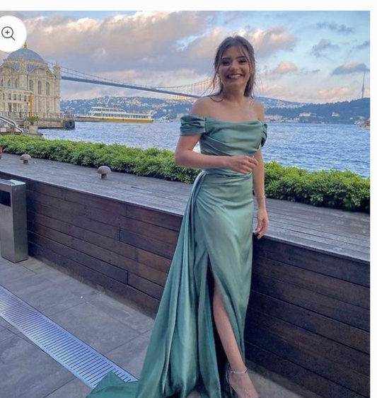 Satin Off Shoulder Mermaid Long Evening Prom Dresses, Custom Side Slit Prom Dress Y5374