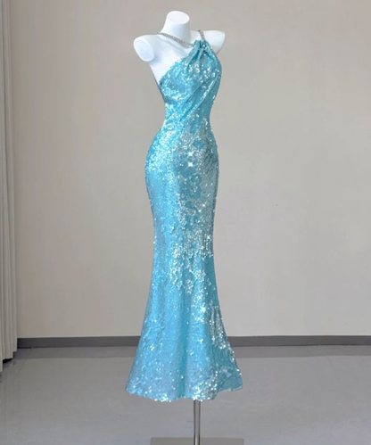 Sparkly Spaghetti Straps Blue Sequin Mermaid Evening Dress Long Prom Dresses SP710