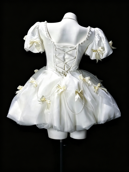 Cute White Tulle Satin Bow A Line Short 8th Grade Homecoming Dress Mini Prom Dress SP3189
