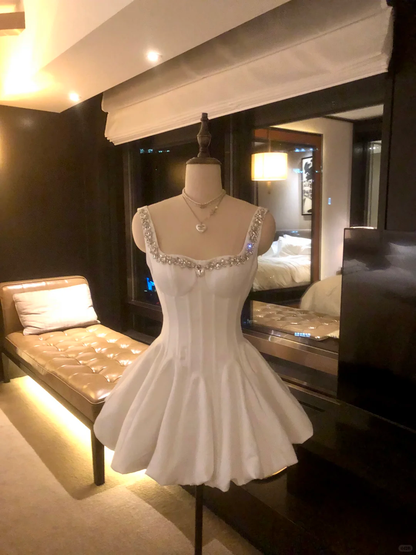 Classy White Satin Beaded A Line Short 9th Grade Homecoming Dress Cocktail Dress SP2370