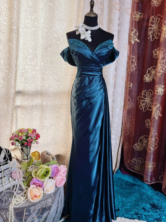 Gorgeous Navy Blue Off The Shoulder Satin Beaded Mermaid Long Evening Dress Formal Birthday Prom Dress SP1886