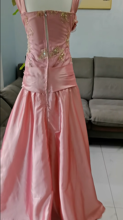 Beautiful Peach Pink Embroidered Floral Satin A Line Long Party Dress Birthday Dress With 3D Flowers SP2329