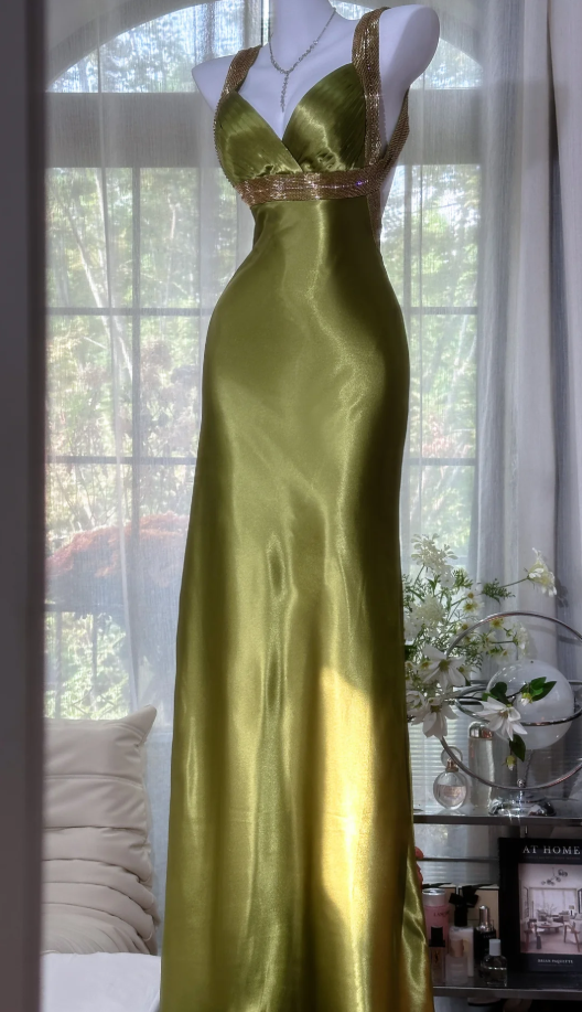 Fashion Olive Green V Neck Satin Sequin Mermaid Long Evening Dress Backless Birthday Prom Dress SP1669