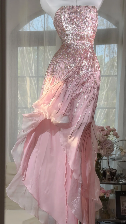 Shiny Strapless Pink Chiffon Sequin Long Evening Dress Birthday Prom Gowns SP2184