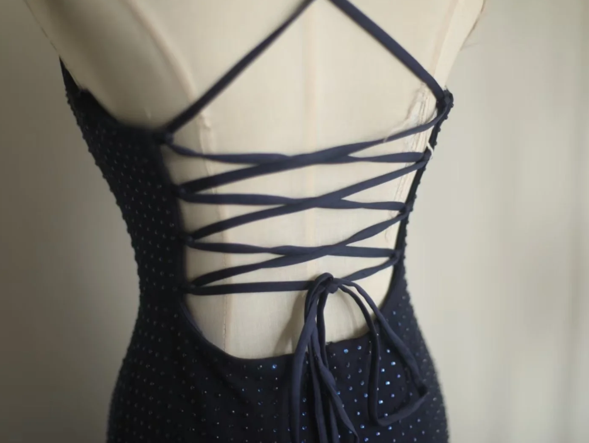 Gorgeous Spaghetti Straps Navy Blue Satin Beaded Mermaid Long Party Dress Formal Wedding Guest Dress SP1258