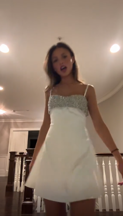 Elegant Spaghetti Straps White Satin Beaded A Line Short Homecoming Dress Birthday Outfits SP2878