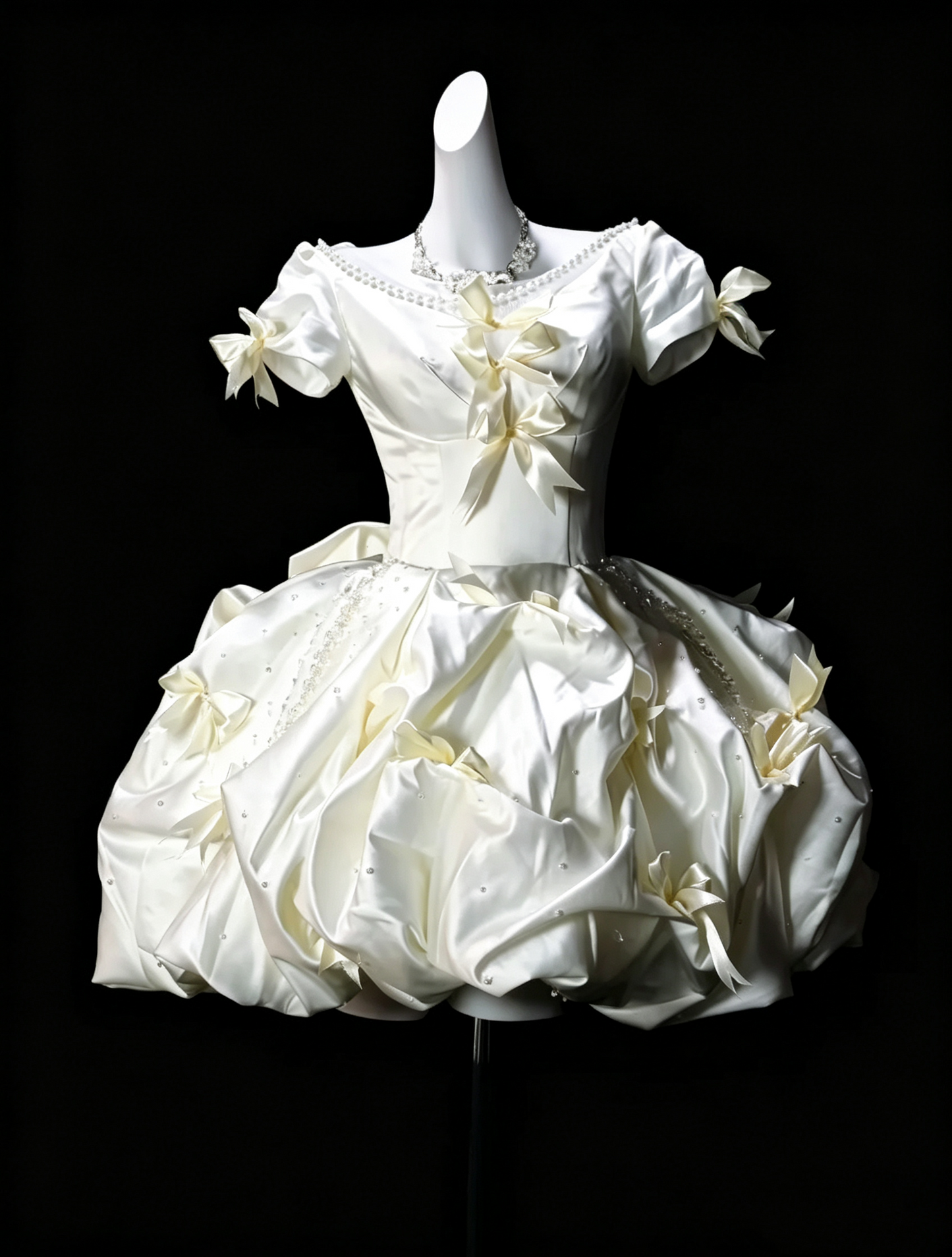 Glamorous Off White Satin Pleated Beaded Bow A Line Short Homecoming Dress,Mini 16th Birthday Outfits SP3195